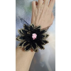 BRATARA NUNTA FLOARE NEAGRA DANTELA, TIUL SI  TRANDAFIR ROZ